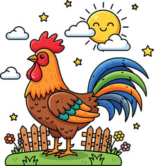 Colorful cartoon rooster with a vibrant red comb and multicolored tail feathers.