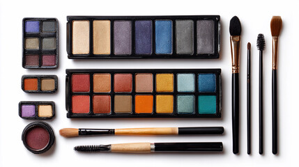 Colorful array of makeup palettes and brushes on a white background
