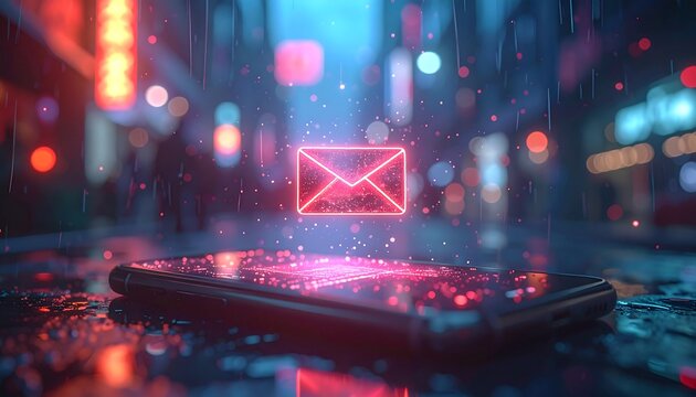 A luminous email symbol hovers above a smartphone. Rain falls in a blurred cityscape with neon lights