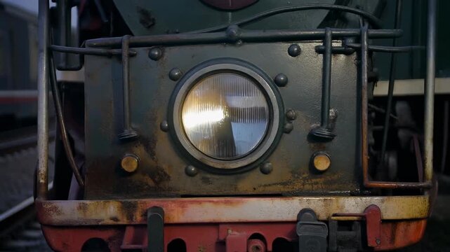 Close-up of old train headlight.