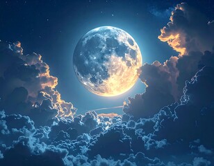 A luminous full moon glows brightly in a dark night sky surrounded by fluffy clouds illuminated by its light