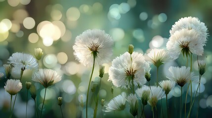 Close Up View of Dandelion Seed Heads in a Green Field with Bokeh Effect and Sunlight