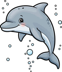 Cute gray cartoon dolphin with a happy smile and blushing cheeks swimming playfully among bubbles.