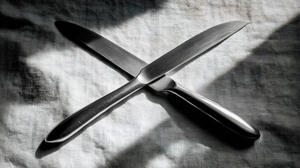 tablecloth. Crossed stainless steel knives on a textured linen tablecloth with sharp shadows. menu design, packaging mockups, designed for culinary blogs and recipe cards for restaurants.