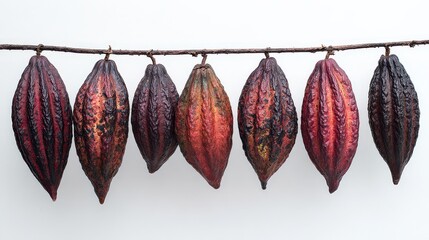 Close Up View of Hanging Cacao Pods Displaying Varying Colors against a White Backdrop