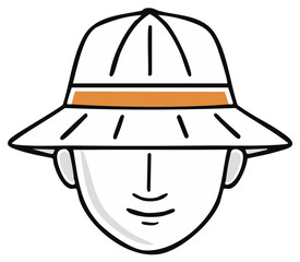 Minimalist Cartoon Person Face Wearing Traditional Pith Helmet with Orange Band Explorer Adventure Icon