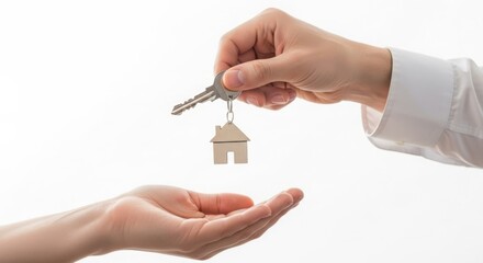 Real estate agent hands over house key to new homeowner buyer.