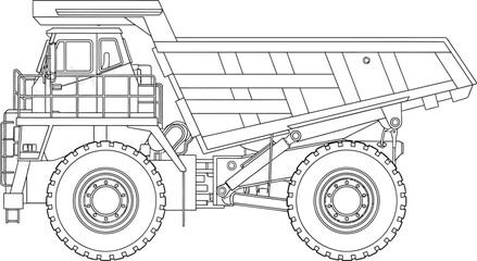 Detailed line art illustration of a heavyduty mining haul truck in side profile.