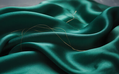 Obraz premium Elegant emerald green silk fabric with flowing folds luxurious textile background for fashion and design projects smooth satin texture