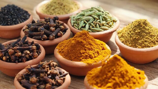 Spices, dried herbs, pungent, healthy and aromatic in brown clay bowls. Eastern and Asian cuisine. Advertising seasonings for cooking 