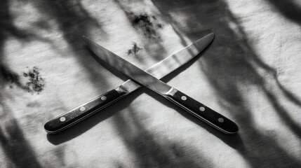 tablecloth. Crossed stainless steel knives on a textured linen tablecloth with sharp shadows. menu design, packaging mockups, designed for culinary blogs and recipe cards for restaurants.