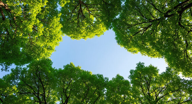 Looking Up Through Lush Green Tree Canopy Frame to Blue Sky Background - Powered by Adobe