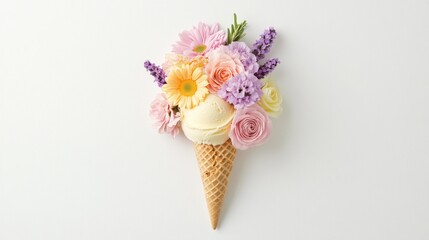 72.A minimalist flat-lay photograph featuring an ice cream cone topped with a creative array of colorful flowers in pastel shades. The flowers, in soft hues of pink, lavender, and yellow, replace the
