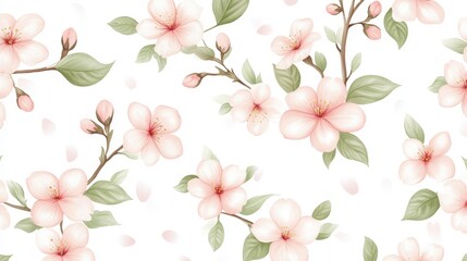 35.A realistic and detailed vector design of sakura cherry blossoms, with clusters of pink petals and blooming flowers gently nestled between branches and leaves. The soft, pink hues of the petals