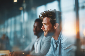 Two men engaged in a discussion in a modern office setting, with a focus on the man in the foreground showcasing curiosity and attentiveness.