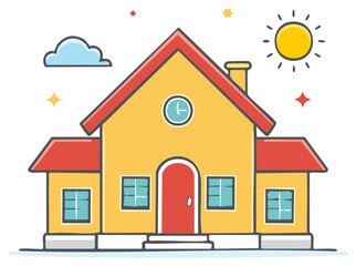 Vibrant Illustrated House with Sun Cloud and Stars Cartoon Vector Art