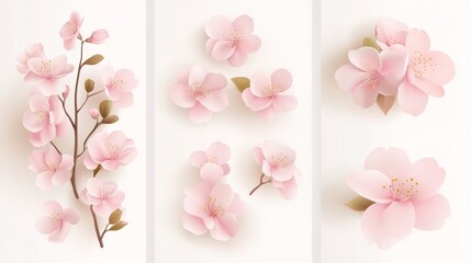 31.Spring sakura cherry blooming flowers bouquet. Isolated realistic pink petals, blossom, branches, leaves vector set. Design spring tree illustration: