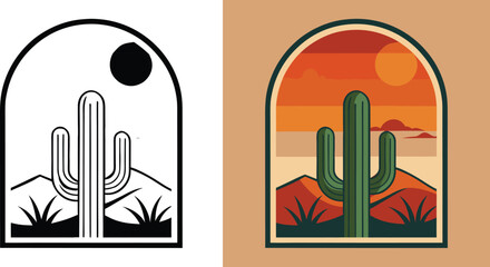 Vibrant desert sunset scene with iconic saguaro cactus and distant mountains, evoking a sense of adventure and natural beauty. © merry