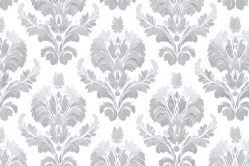 Elegant Gray Floral Damask Pattern on White Background with Antique Style Gray Scale Vintage Repeat Pattern for Textile Print and Wrapping Paper Design