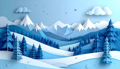 A serene, paper-cut style winter scene of snow-covered mountains, evergreen trees, and soft, stylized clouds under a gentle, blue sky