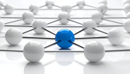 Blue sphere connected to multiple white nodes, representing network, communication, and central leadership in a modern abstract design.
