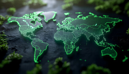 Minimalist circular-line world map artwork in vibrant green, representing global communication and modern mapping style.