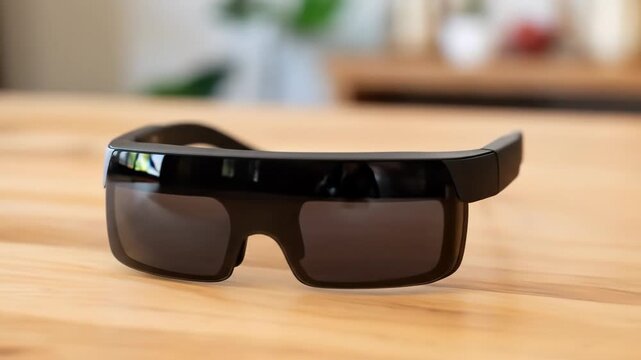 Sleek augmented reality glasses modern technology eyewear on wooden surface