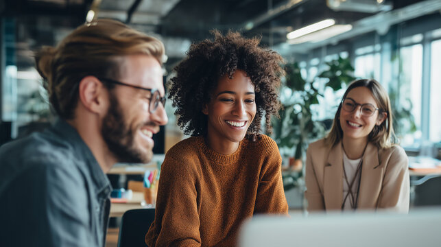 A group of three smiling colleagues engages in a collaborative discussion in a modern office environment, showcasing teamwork and positivity.