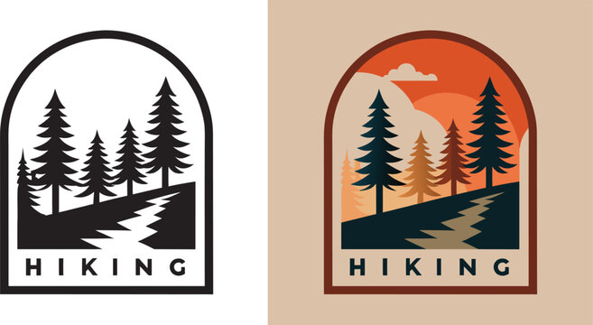 Vibrant retro badge design showcases a serene mountain trail with pine trees under a warm sunset sky, perfect for adventure branding.
