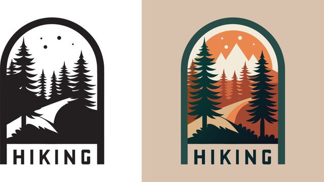 Stunning vintage style mountain landscape with pine trees and winding path, perfect for adventure logos and outdoor branding