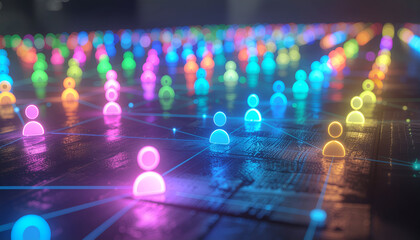 Glowing multicolored user icons connected by digital lines, symbolizing online networks, community, and social interaction.