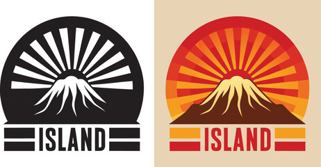 Stunning island sunset logo design evokes tropical paradise and adventure, perfect for travel brands and coastal businesses seeking vibrant branding.