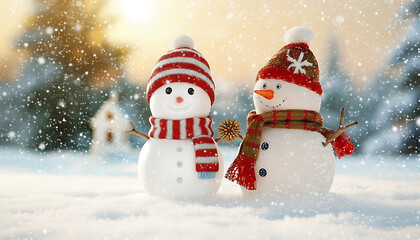 Fototapeta premium Two Cheerful Snowmen in a Winter Setting