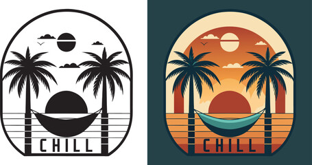 Escape to paradise with a vibrant tropical sunset, swaying palm trees, and a relaxing hammock inviting ultimate serenity and vacation vibes.