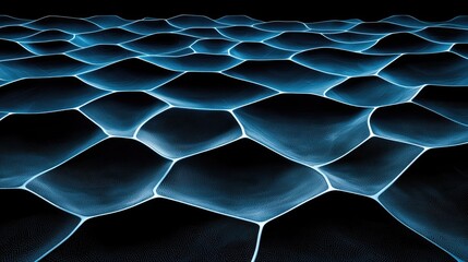Abstract geometric pattern of dark blue hexagonal shapes with glowing light.