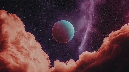 Celestial orb piercing cosmic clouds in a night sky.