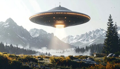 A large, metallic disc-shaped object hovers above a mountain range. The craft emits light, and the landscape below features trees and foliage