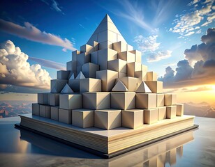 A geometric, tiered structure resembling a pyramid sits atop an open book, under a bright sky with soft clouds and light