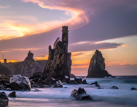 A picturesque seascape featuring rugged rock formations emerging from the ocean, bathed in the soft glow of a colorful sunset