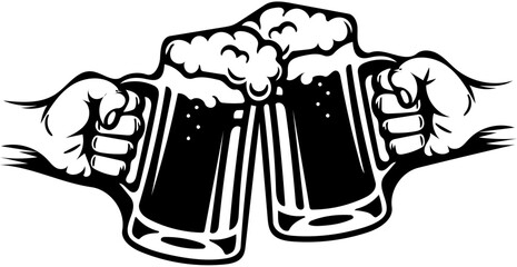 A classic black and white vector illustration of two hands clinking frothy beer mugs in a celebratory toast, symbolizing friendship and good times