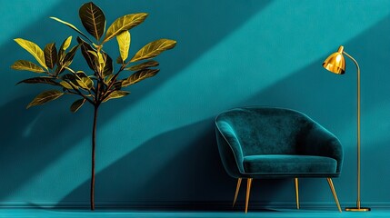Teal interior scene with a luxurious velvet chair and a leafy plant.