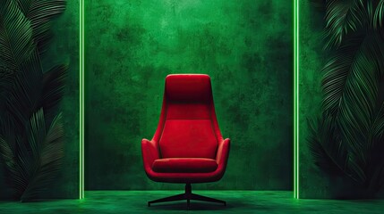 Elegant, crimson armchair in a lush, green room setting.