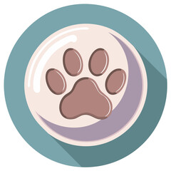 Fototapeta premium Flat design paw print on a bowl with shadow, pet care icon