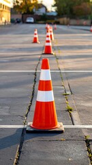 A line of orange and white safety cones guides the viewer's eye down a cracked asphalt street. The sun casts a warm light