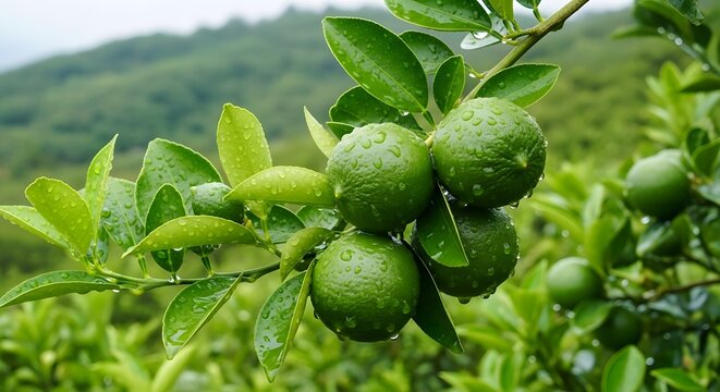 Vibrant green lime fruits on branch with water droplets nature
