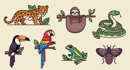 Naklejka premium Vibrant jungle animals collection featuring jaguar, sloth, snake, toucan, parrot, frog, and butterfly for educational and design projects