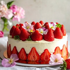 A round, creamy frosted cake adorned with fresh strawberries and small white flowers. Pink flowers are in the background