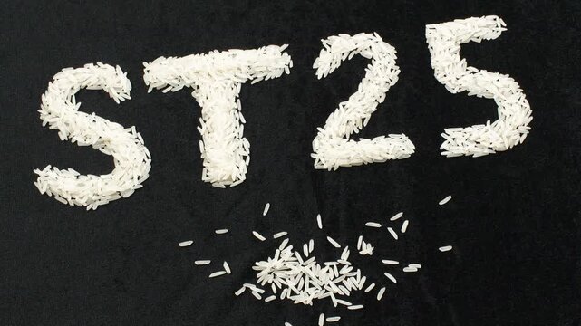 Top view 4K loop of "ST25" text and a pile, made from raw Vietnamese rice grains. The scene rotates slowly on a minimal black background. Conceptual video for premium food.
