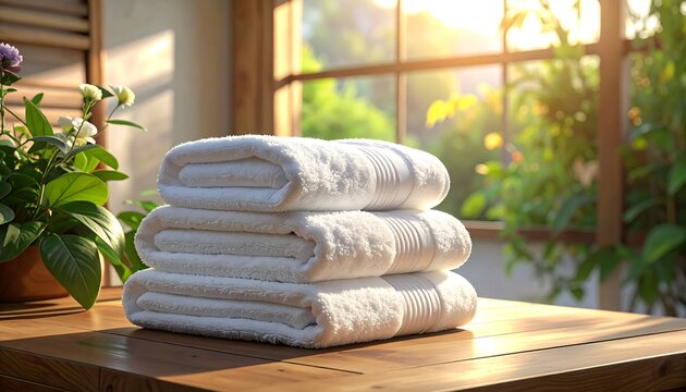 A stack of folded, fluffy white towels rests on a wooden table. Sunlight streams through a window, illuminating greenery - Powered by Adobe