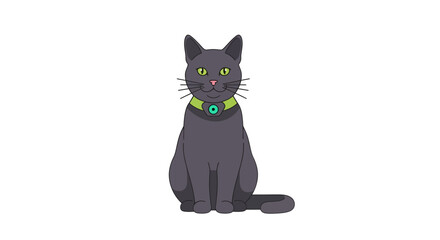 Adorable cartoon gray cat with bright green eyes and collar sitting patiently, perfect for children's books or pet-themed designs, conveying charm and sweetness